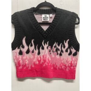 The Ragged Priest Women's Cropped Sweater Vest Size Small Black With Flames
